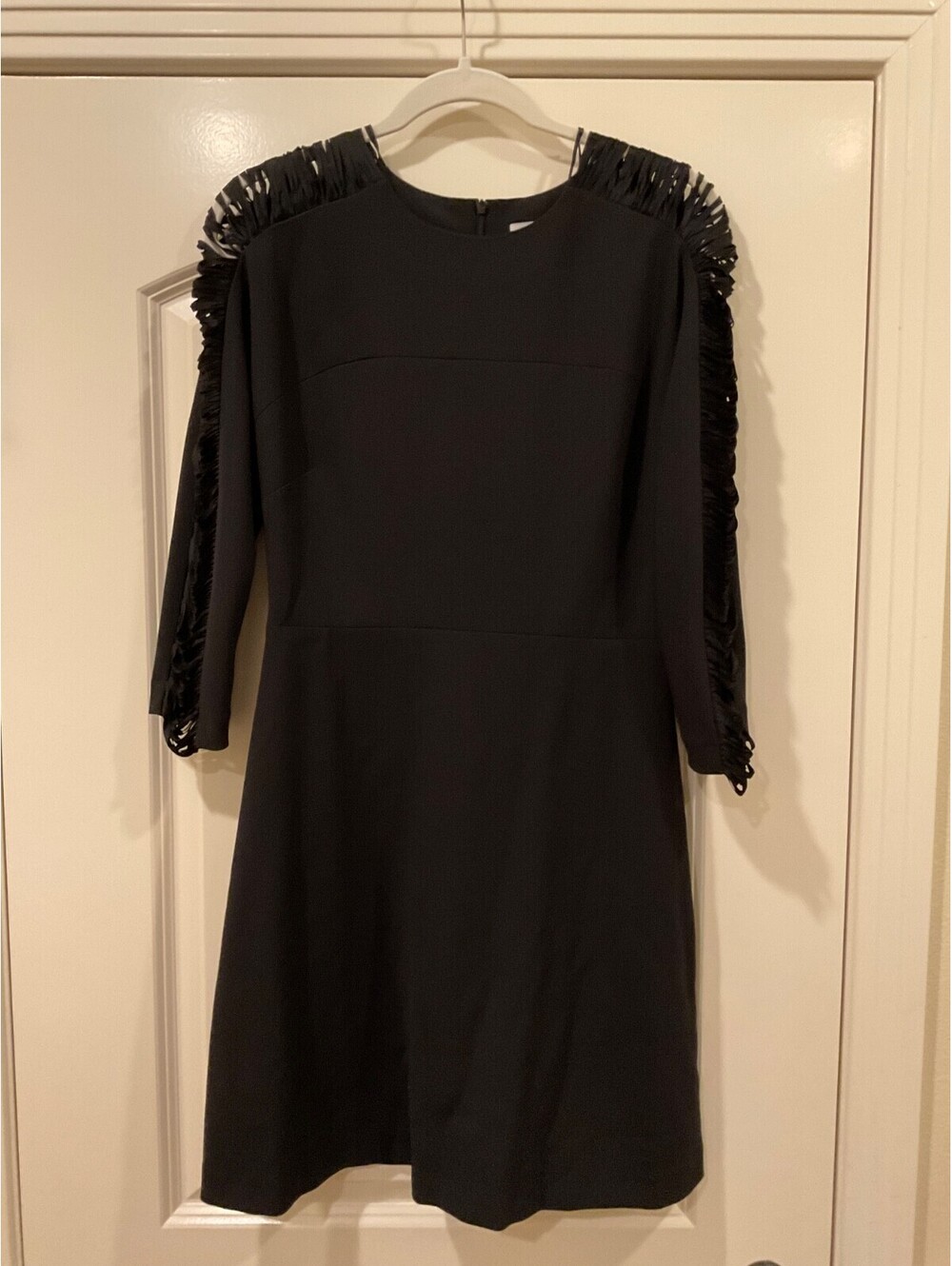 NWT Sandro Paris Black Fringe Shoulder 3/4 Sleeve A-Line Mini Dress Size 3 US 8
